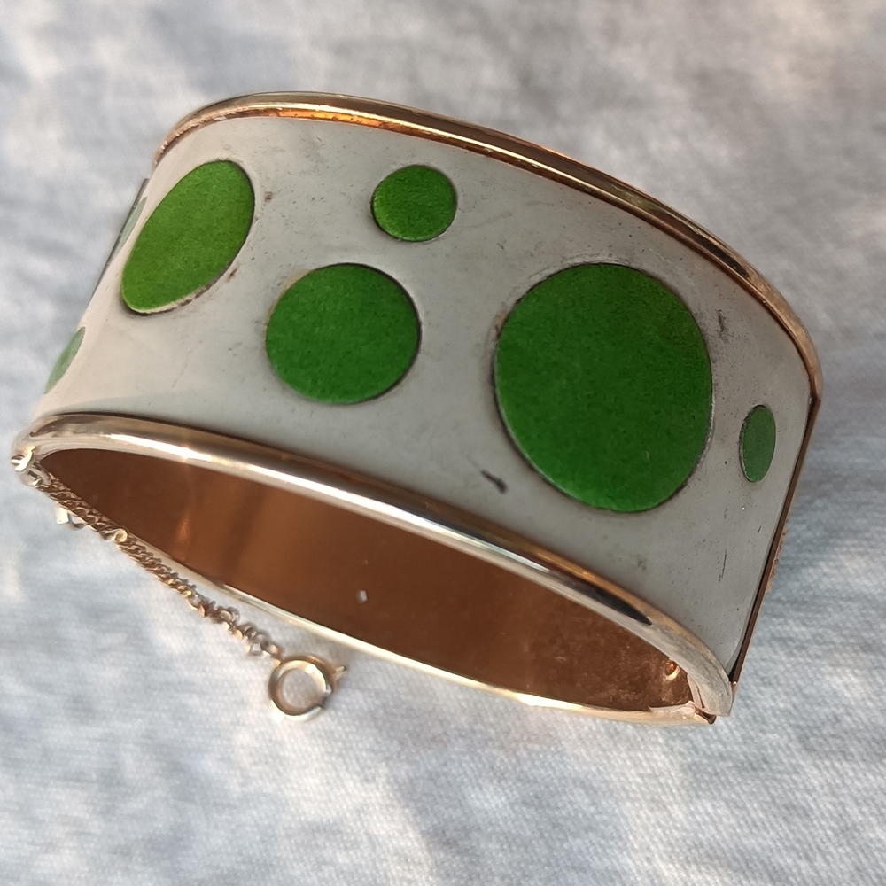 Gold-Tone White Cuff Bracelet with Green Dot Enamel